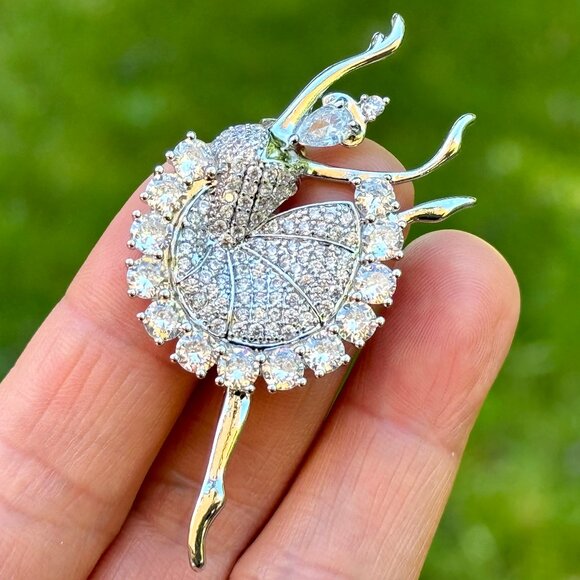 Ballerina Brooch White Gold Plated Zircon Ballerina Pin Ballet Brooch - Picture 6 of 11
